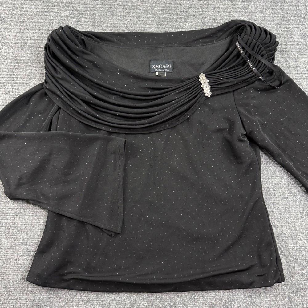 Xscape Blouse L Black Rhinestone Ruched Off Shoulder Drape Neck 3485 Women